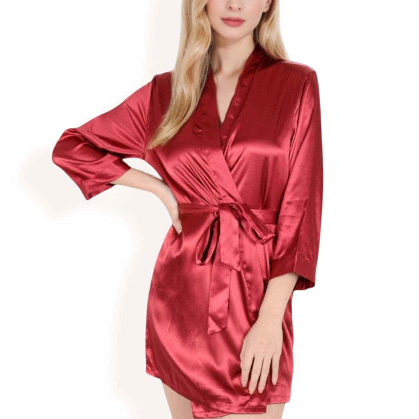 Anna-Kaci Women's Short Satin Robe with Waist Tie and Three-Quarter Sleeves