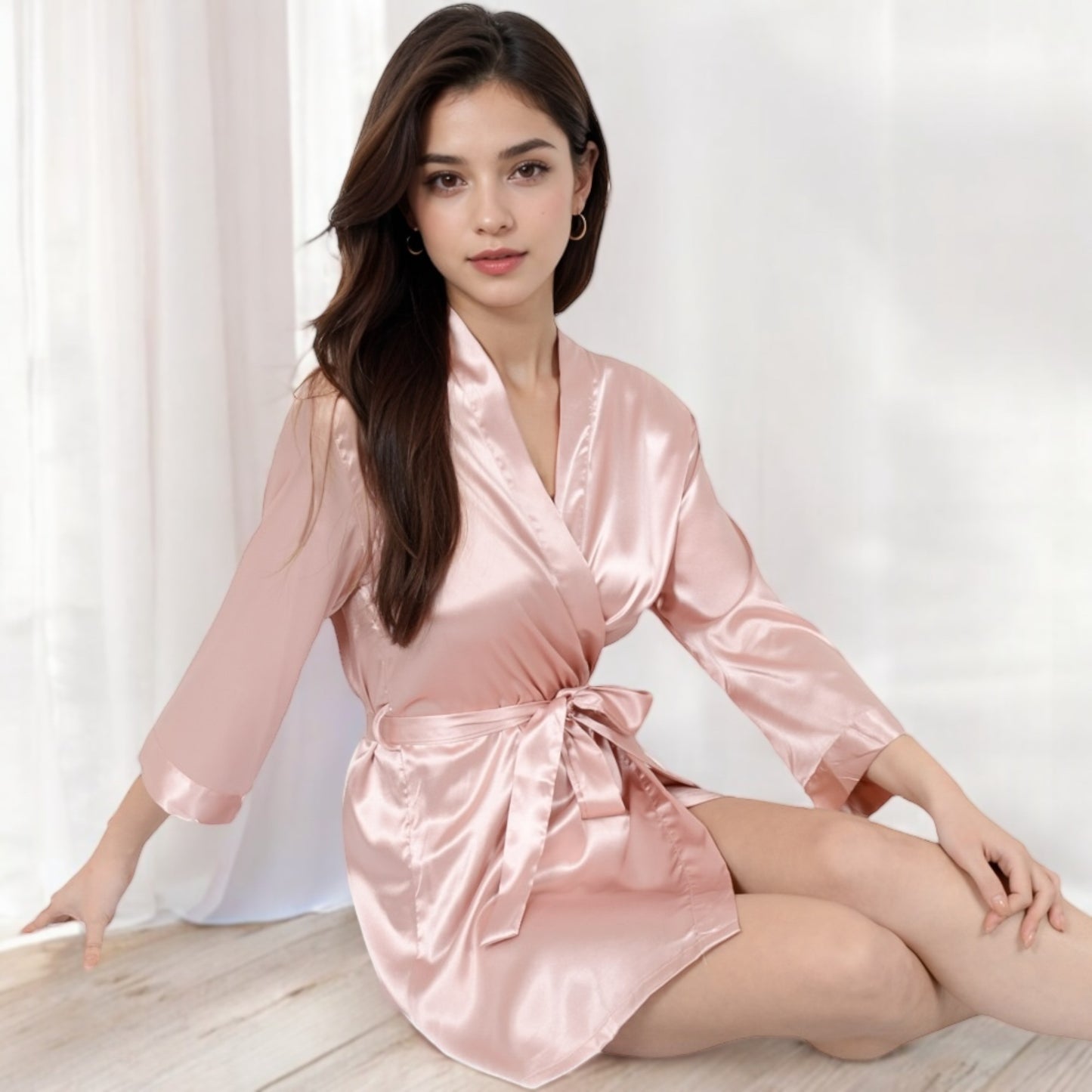 Anna-Kaci Women's Short Satin Robe with Waist Tie and Three-Quarter Sleeves