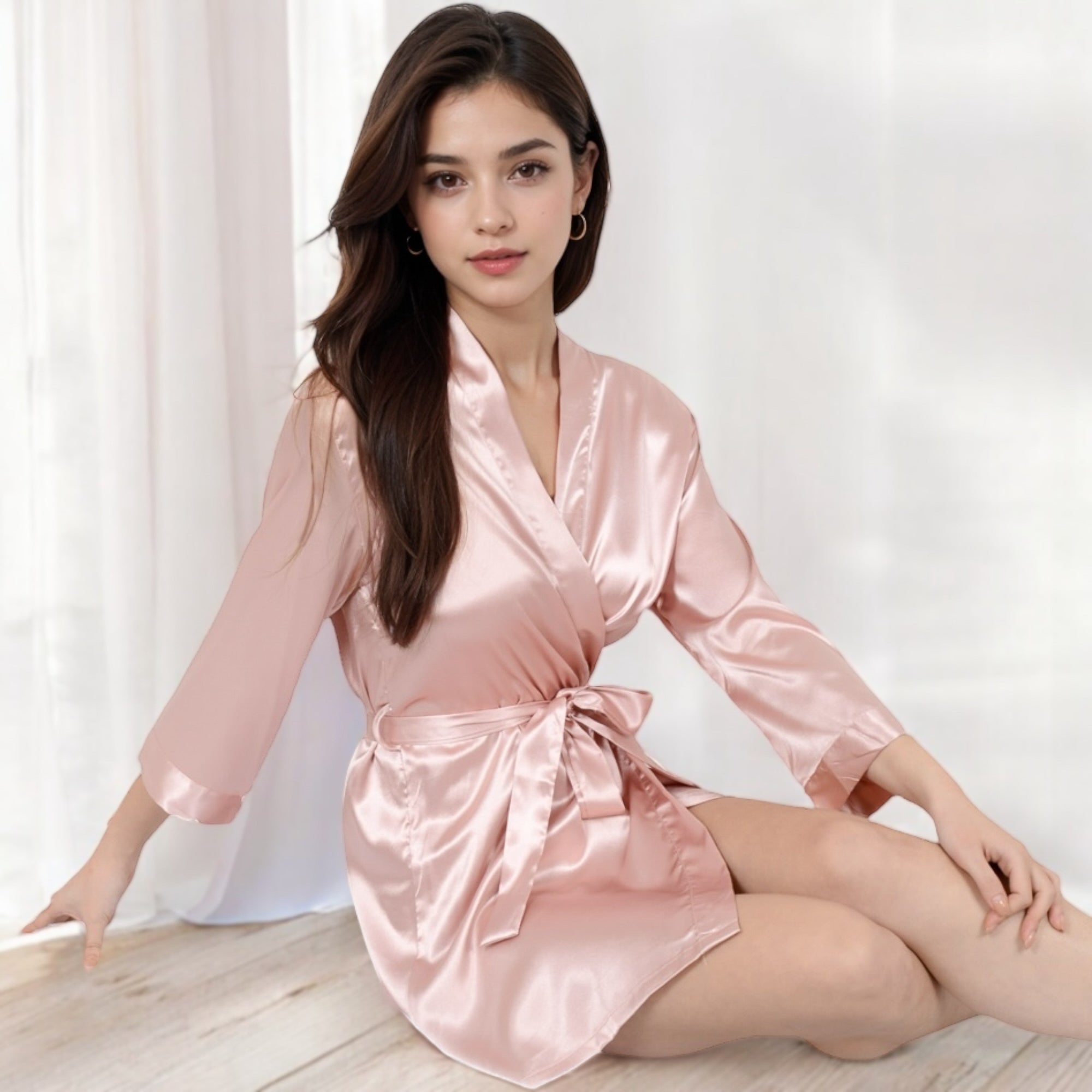 Anna-Kaci Women's Short Satin Robe with Waist Tie and Three-Quarter Sleeves