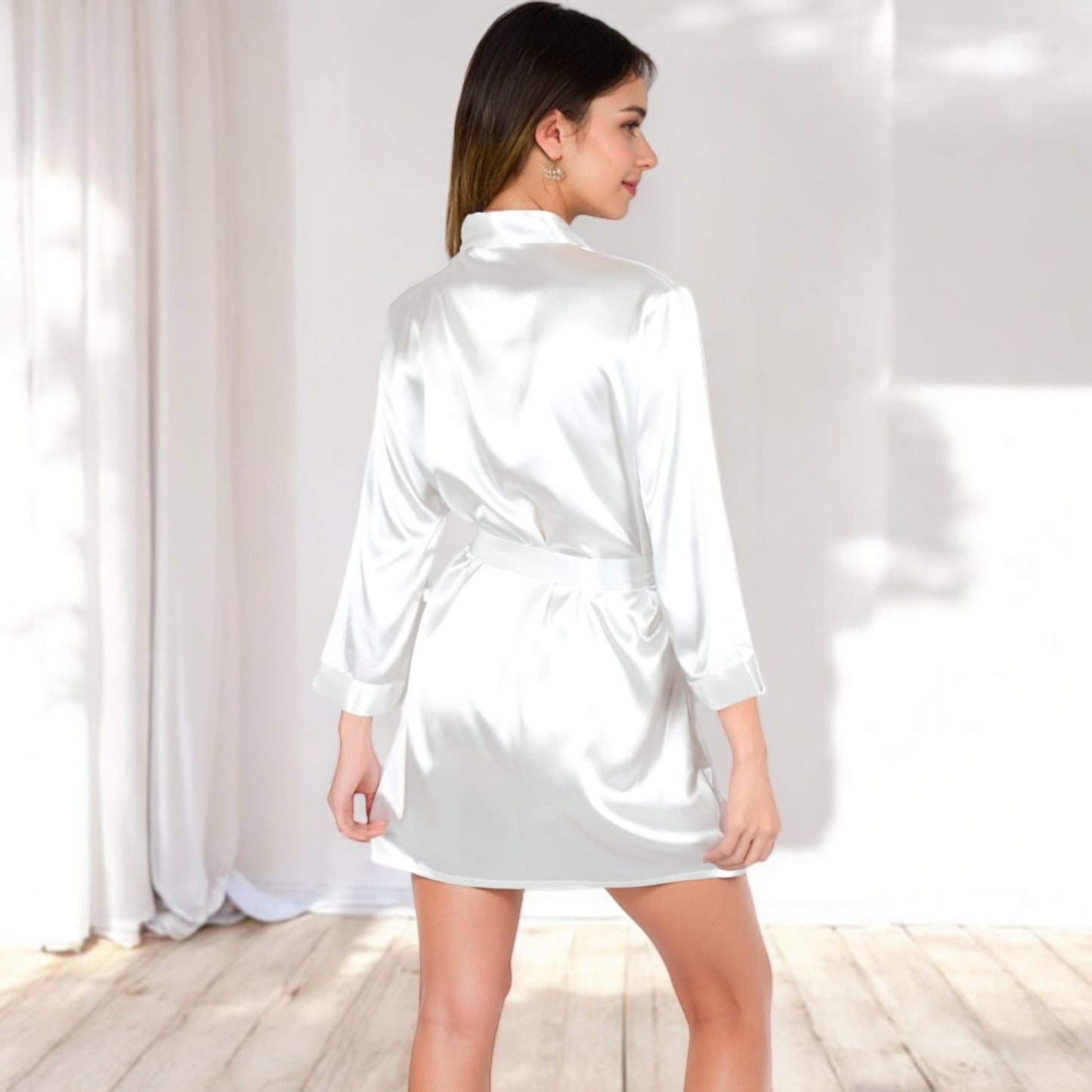 Anna-Kaci Women's Short Satin Robe with Waist Tie and Three-Quarter Sleeves