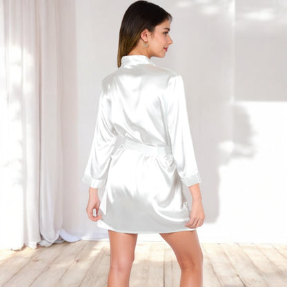 Anna-Kaci Women's Short Satin Robe with Waist Tie and Three-Quarter Sleeves