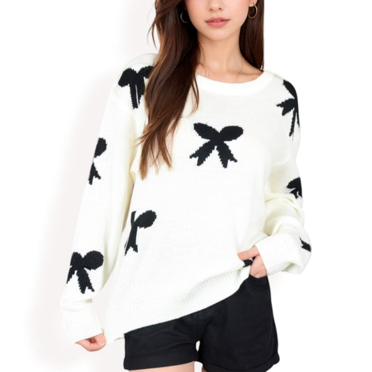 Anna-Kaci Women's Knit Sweater with Black Bow Pattern Long Sleeves