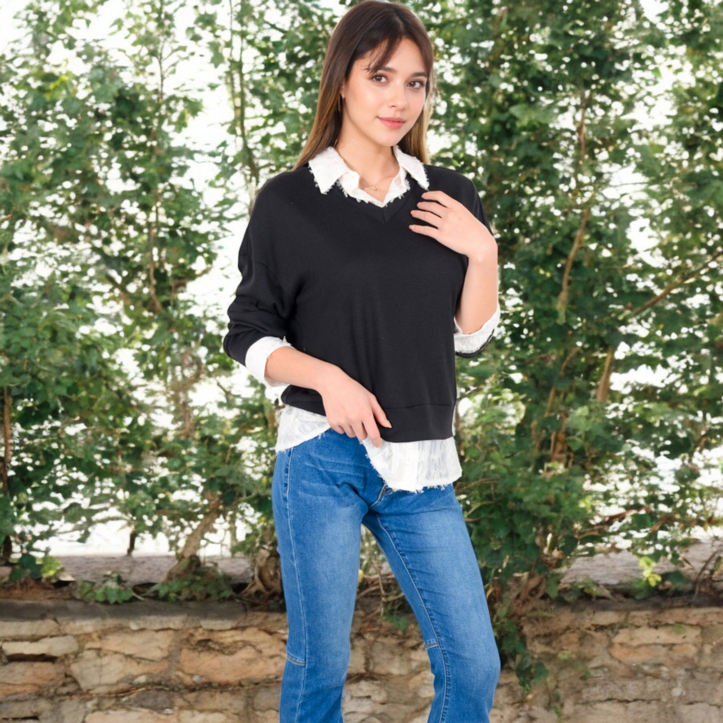 Anna-Kaci Women's V-Neck Top with White Lace Trim and Button Cuffs