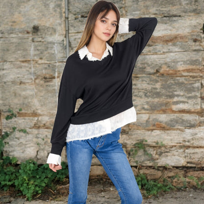 Anna-Kaci Women's V-Neck Top with White Lace Trim and Button Cuffs