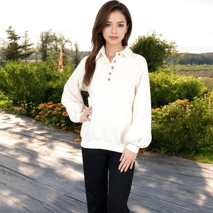 Anna-Kaci Women's Waffle Knit Pullover with Button-Down Collar and Balloon Sleeves
