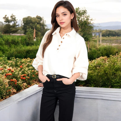 Anna-Kaci Women's Waffle Knit Pullover with Button-Down Collar and Balloon Sleeves