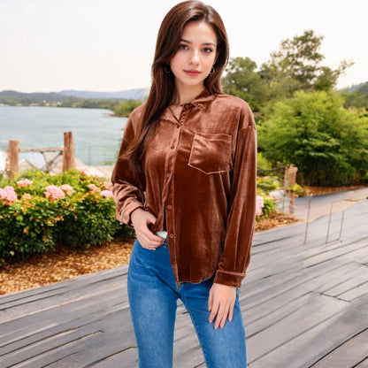 Anna-Kaci Women's Velvet Long Sleeve Button-Up Shirt with Chest Pocket and Collared Neck