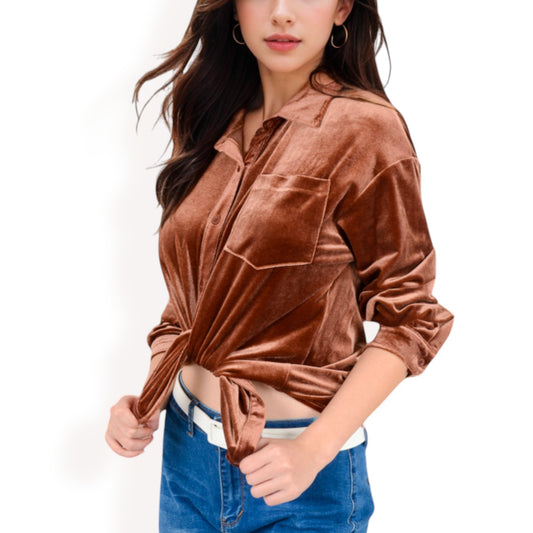 Anna-Kaci Women's Velvet Long Sleeve Button-Up Shirt with Chest Pocket and Collared Neck