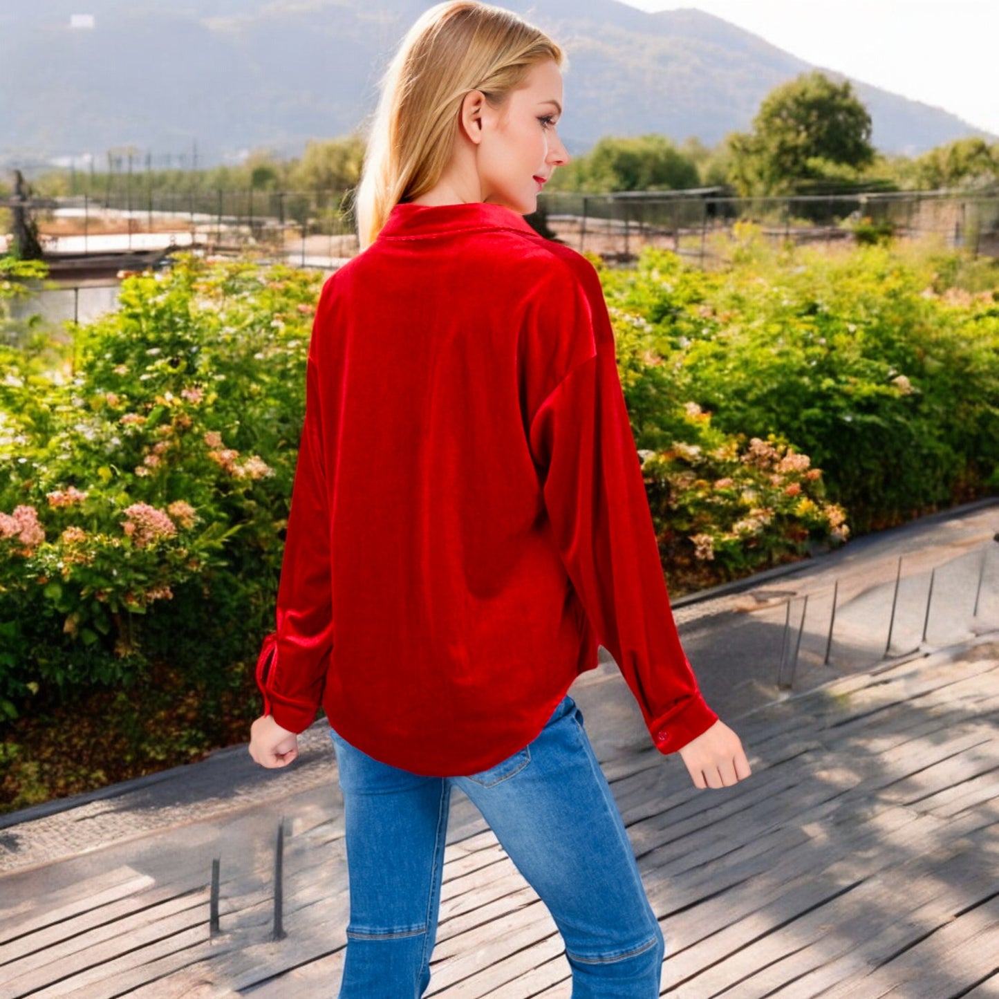 Anna-Kaci Women's Velvet Long Sleeve Button-Up Shirt with Chest Pocket and Collared Neck