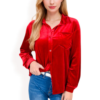 Anna-Kaci Women's Velvet Long Sleeve Button-Up Shirt with Chest Pocket and Collared Neck