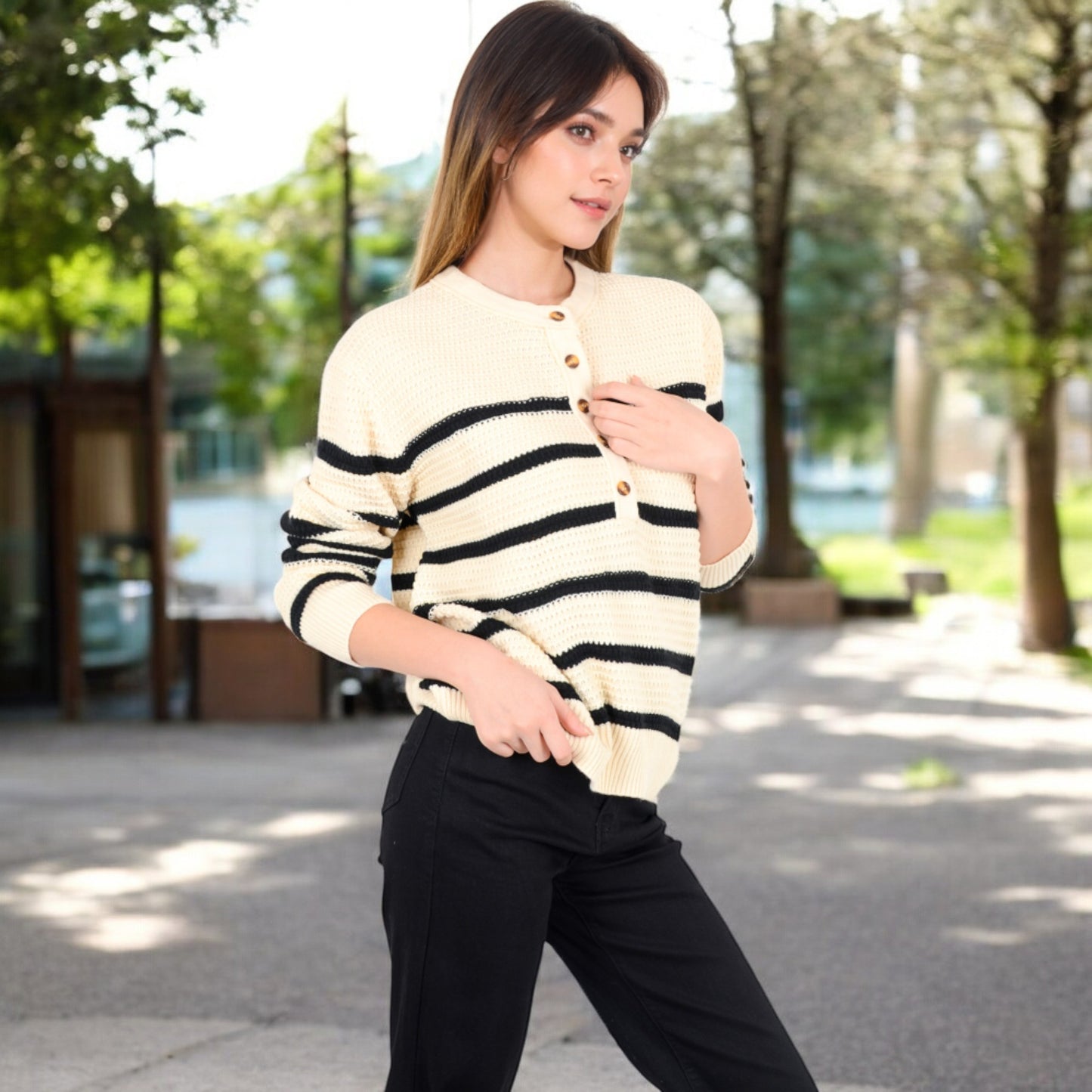Anna-Kaci Women's Striped Waffle Knit Pullover with Button Down Collar