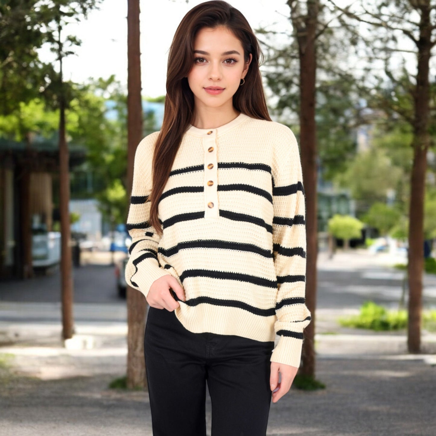 Anna-Kaci Women's Striped Waffle Knit Pullover with Button Down Collar