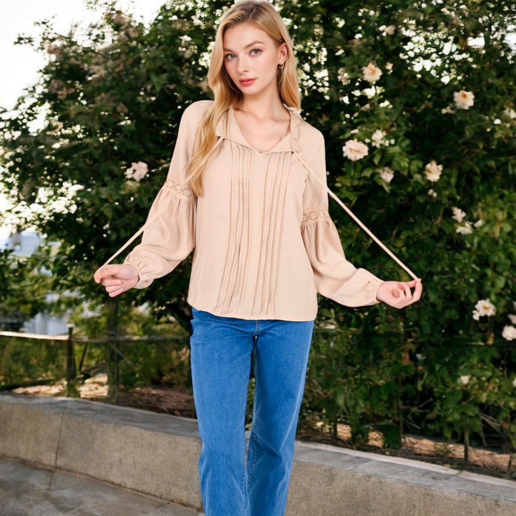 Anna-Kaci Women's Long Sleeve Pleated Blouse with Lace Detail and Tie Neck