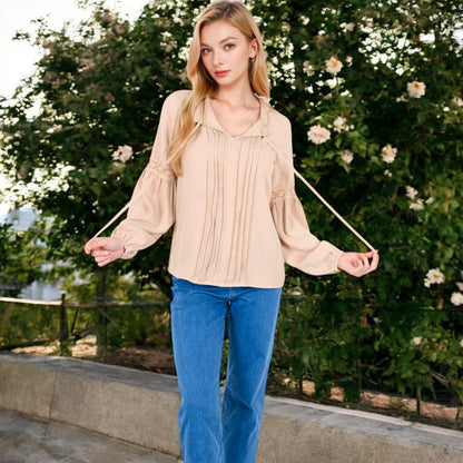 Anna-Kaci Women's Long Sleeve Pleated Blouse with Lace Detail and Tie Neck