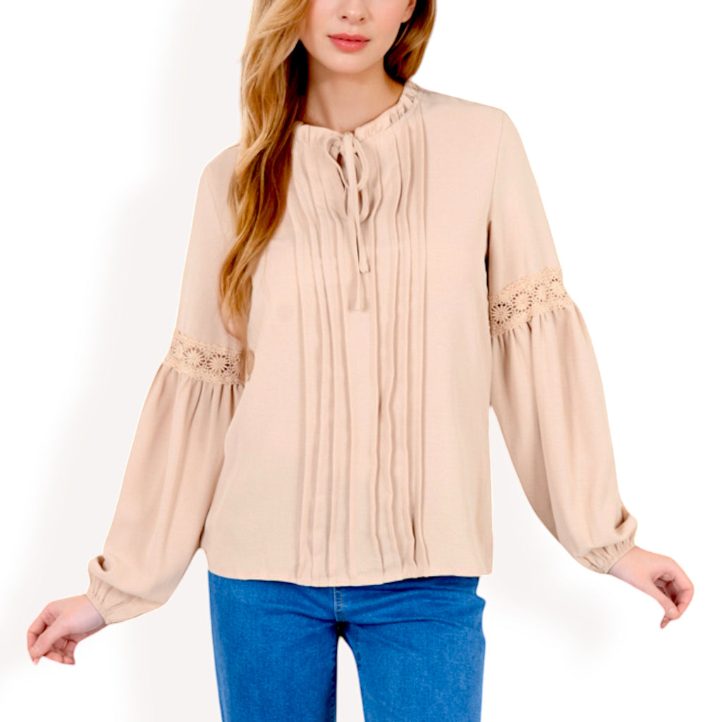 Anna-Kaci Women's Long Sleeve Pleated Blouse with Lace Detail and Tie Neck