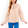 Anna-Kaci Women's Long Sleeve Pleated Blouse with Lace Detail and Tie Neck