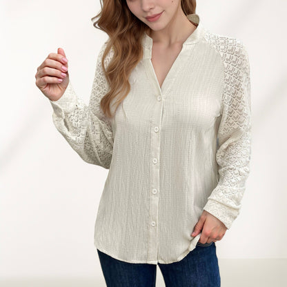 Anna-Kaci Women's Button-Down Shirt with Textured Body and Long Lace Sleeves