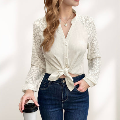 Anna-Kaci Women's Button-Down Shirt with Textured Body and Long Lace Sleeves