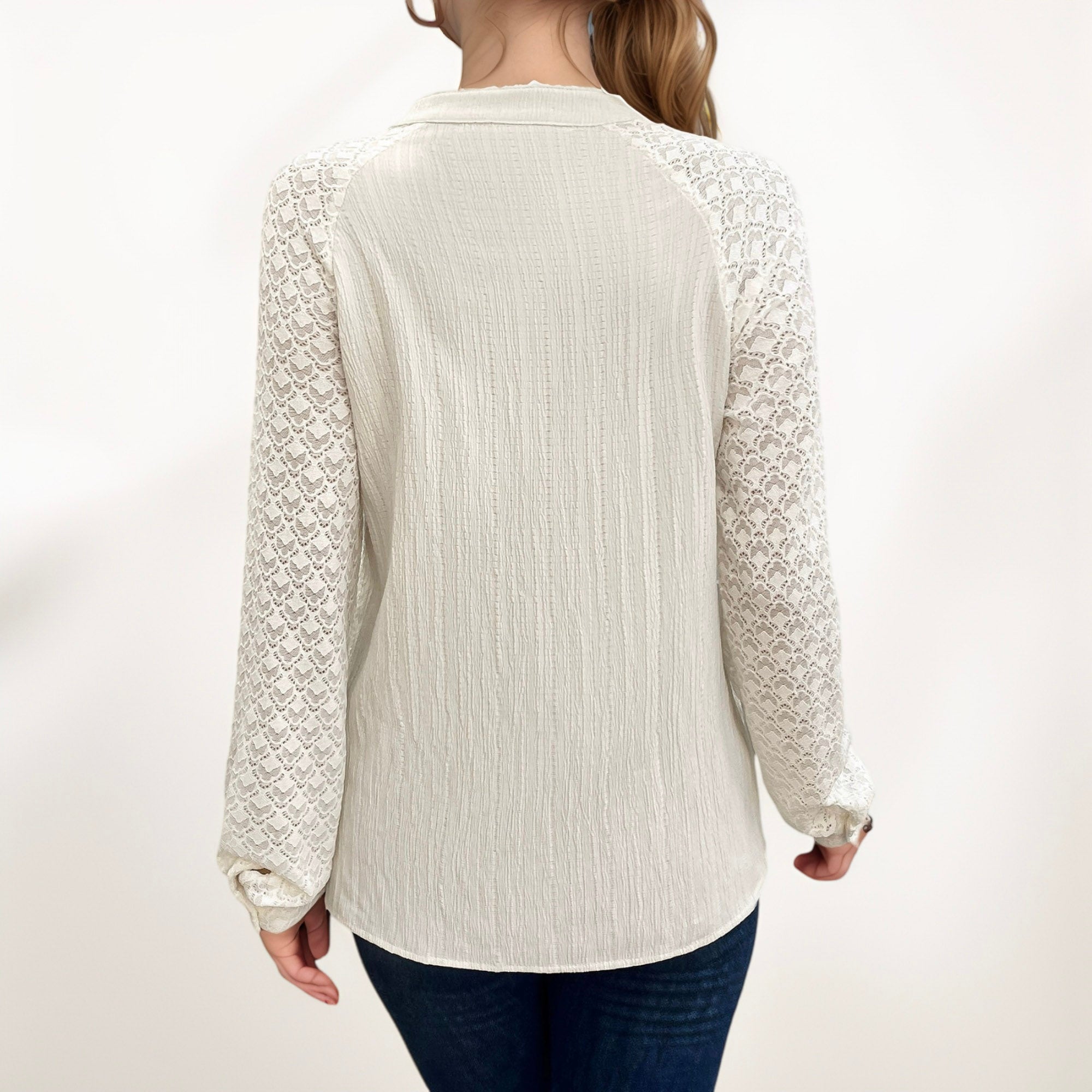 Anna-Kaci Women's Button-Down Shirt with Textured Body and Long Lace Sleeves
