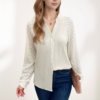 Anna-Kaci Women's Button-Down Shirt with Textured Body and Long Lace Sleeves