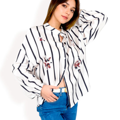 Anna-Kaci Women's Striped Button-Up Shirt with Floral Embroidery and Balloon Sleeves
