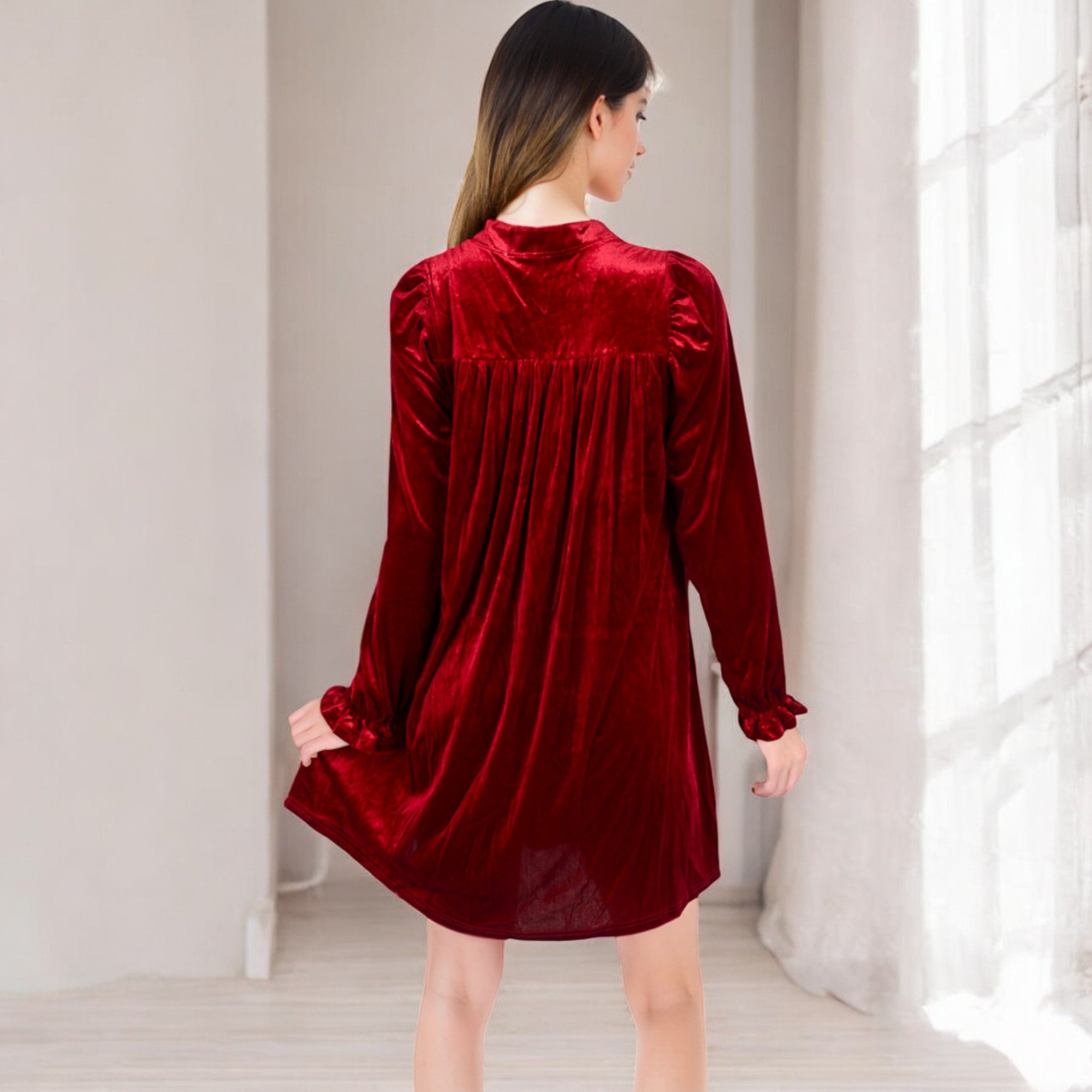 Anna-Kaci Women's Velvet Dress with V-Neck and Long Sleeves