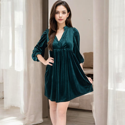 Anna-Kaci Women's Velvet Dress with V-Neck and Long Sleeves