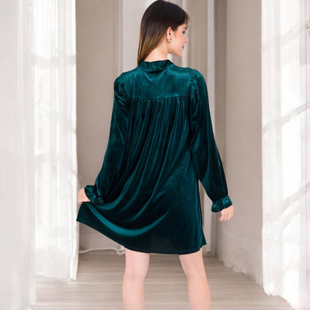 Anna-Kaci Women's Velvet Dress with V-Neck and Long Sleeves