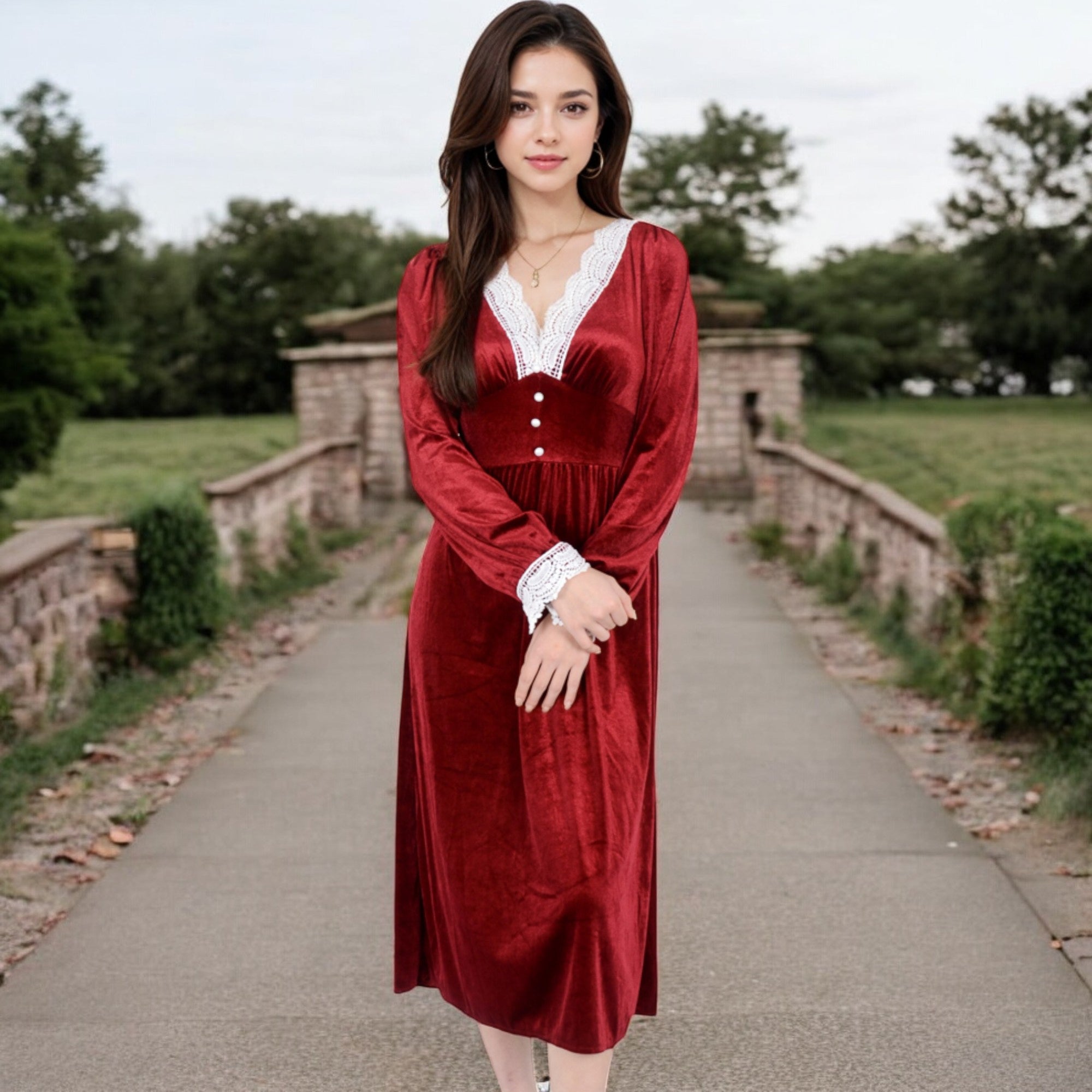 Anna-Kaci Women's Velvet Dress with Lace Trim and Button Detail