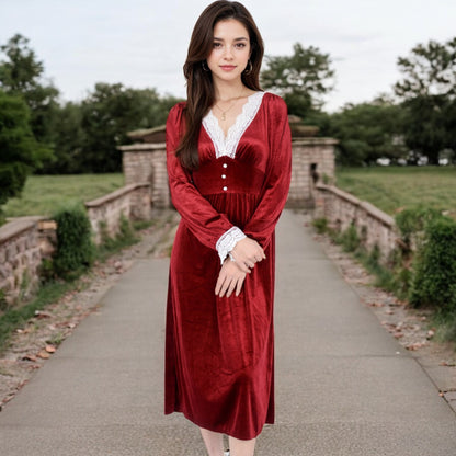 Anna-Kaci Women's Velvet Dress with Lace Trim and Button Detail