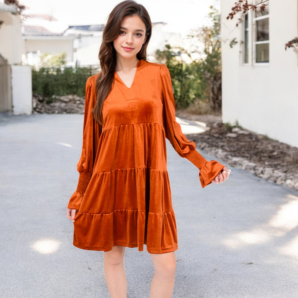 Anna-Kaci Women's Tiered A-Line Dress with Long Sleeves and Smocked Cuffs