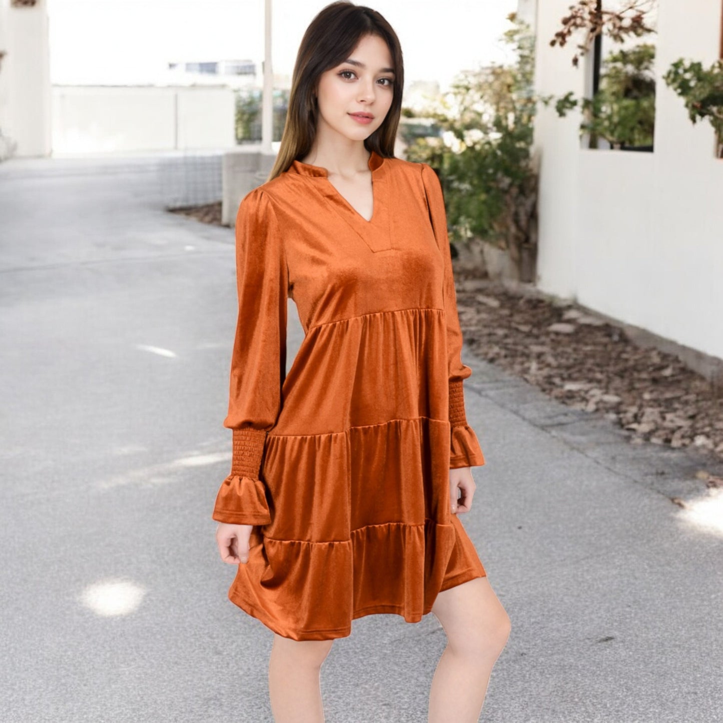 Anna-Kaci Women's Tiered A-Line Dress with Long Sleeves and Smocked Cuffs