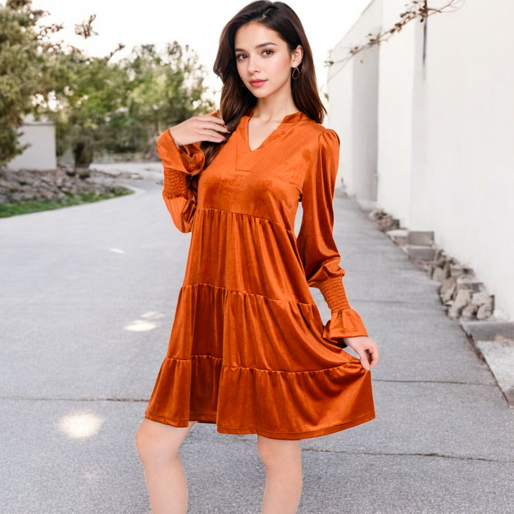 Anna-Kaci Women's Tiered A-Line Dress with Long Sleeves and Smocked Cuffs