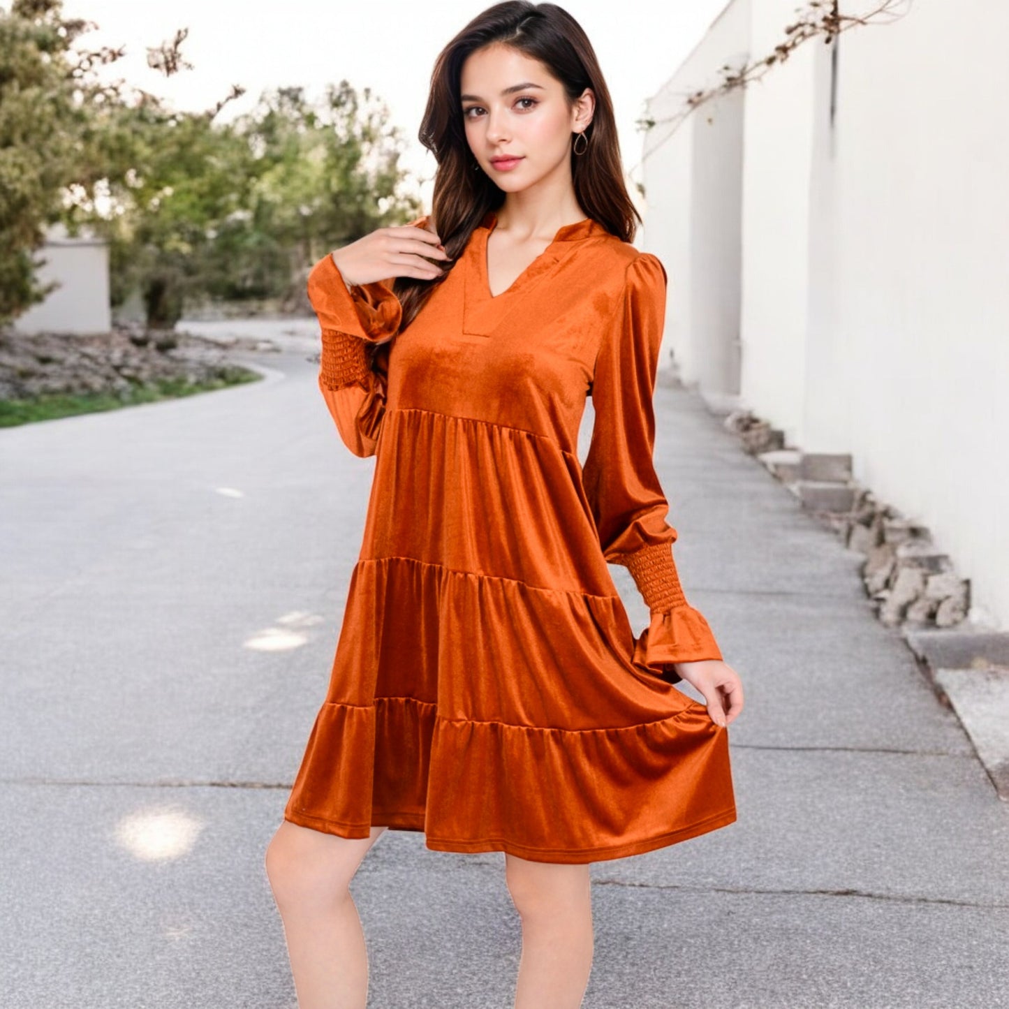 Anna-Kaci Women's Tiered A-Line Dress with Long Sleeves and Smocked Cuffs