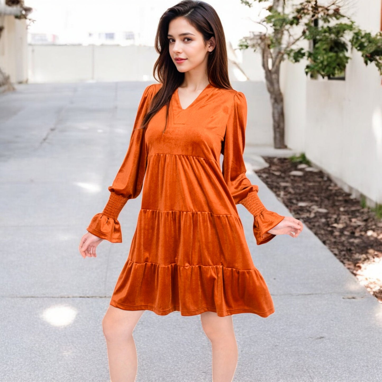 Anna-Kaci Women's Tiered A-Line Dress with Long Sleeves and Smocked Cuffs