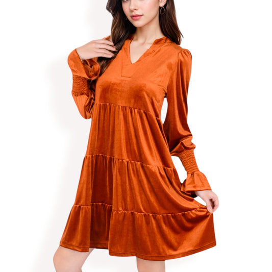 Anna-Kaci Women's Tiered A-Line Dress with Long Sleeves and Smocked Cuffs