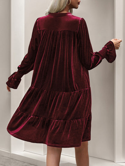 Anna-Kaci Women's Tiered A-Line Dress with Long Sleeves and Smocked Cuffs