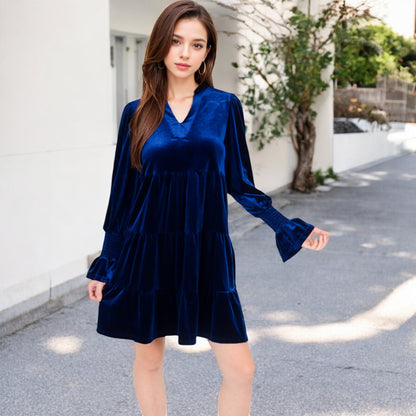 Anna-Kaci Women's Tiered A-Line Dress with Long Sleeves and Smocked Cuffs