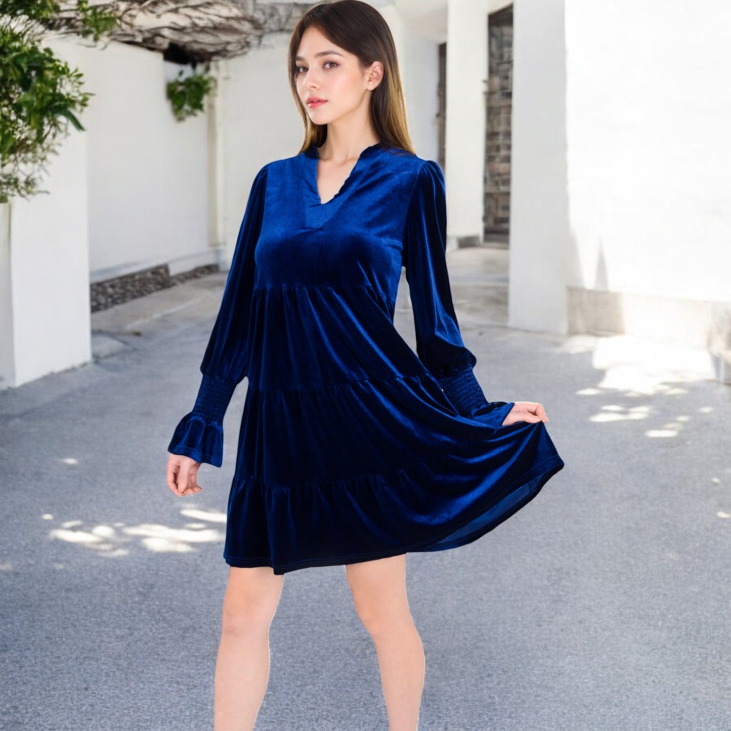 Anna-Kaci Women's Tiered A-Line Dress with Long Sleeves and Smocked Cuffs