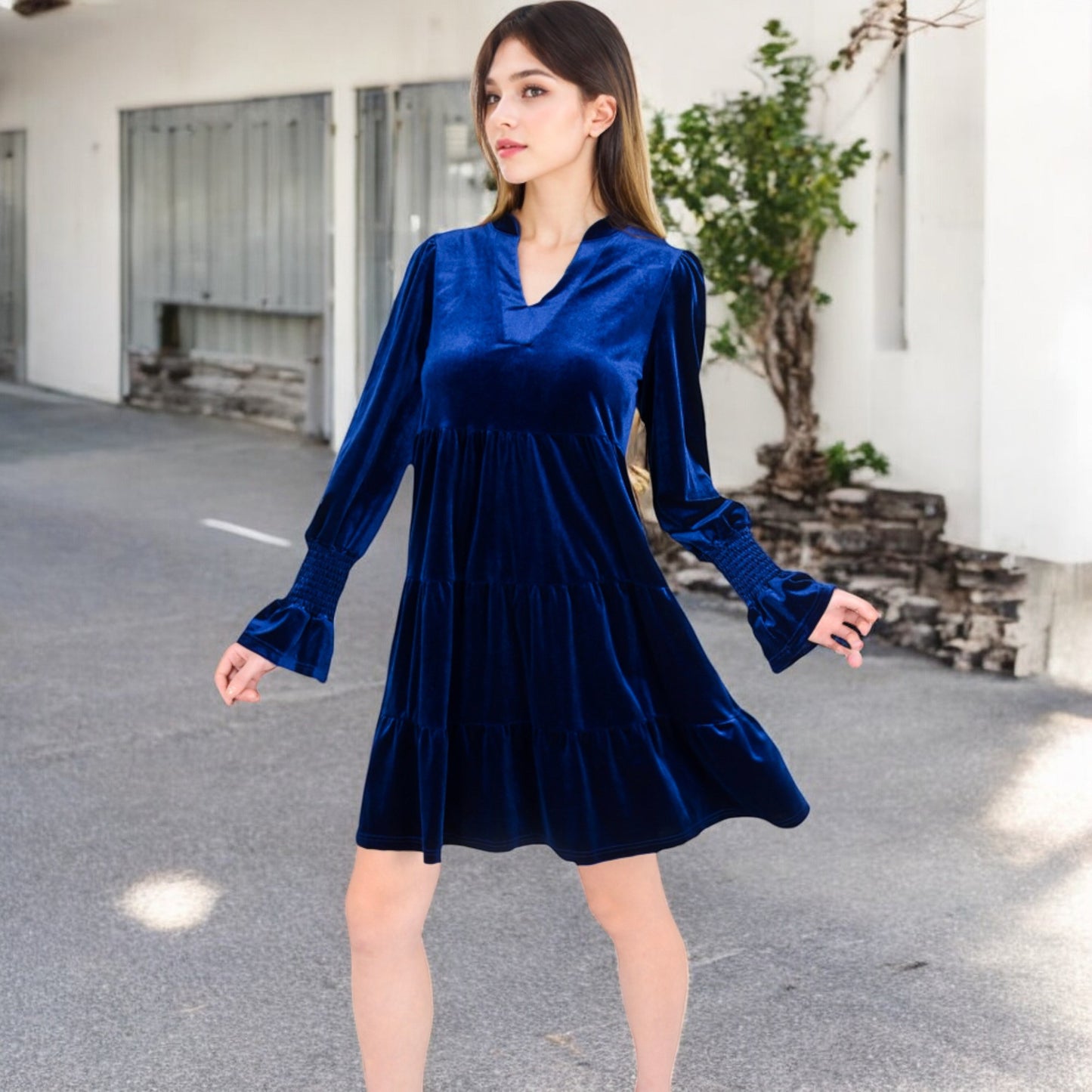 Anna-Kaci Women's Tiered A-Line Dress with Long Sleeves and Smocked Cuffs