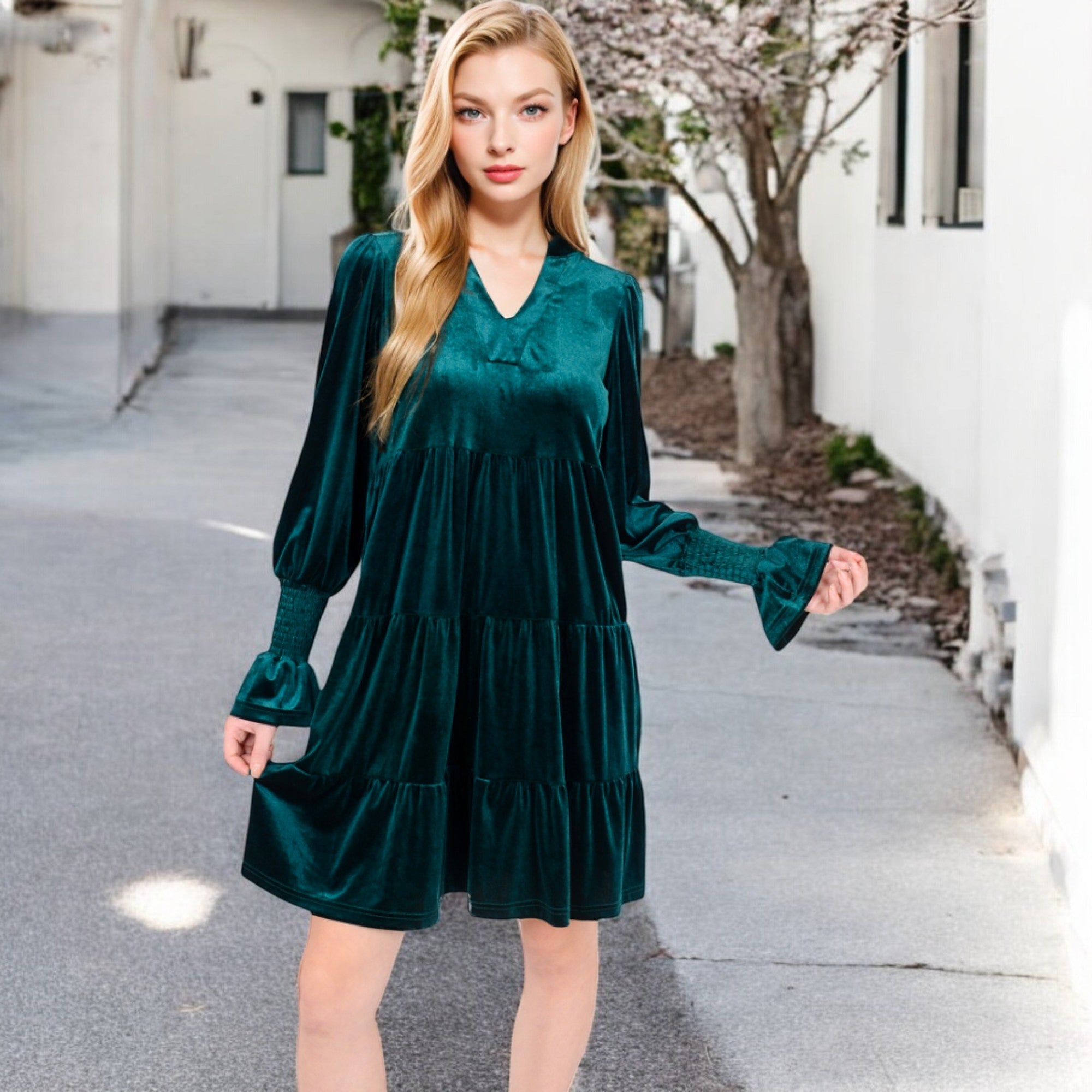 Anna-Kaci Women's Tiered A-Line Dress with Long Sleeves and Smocked Cuffs