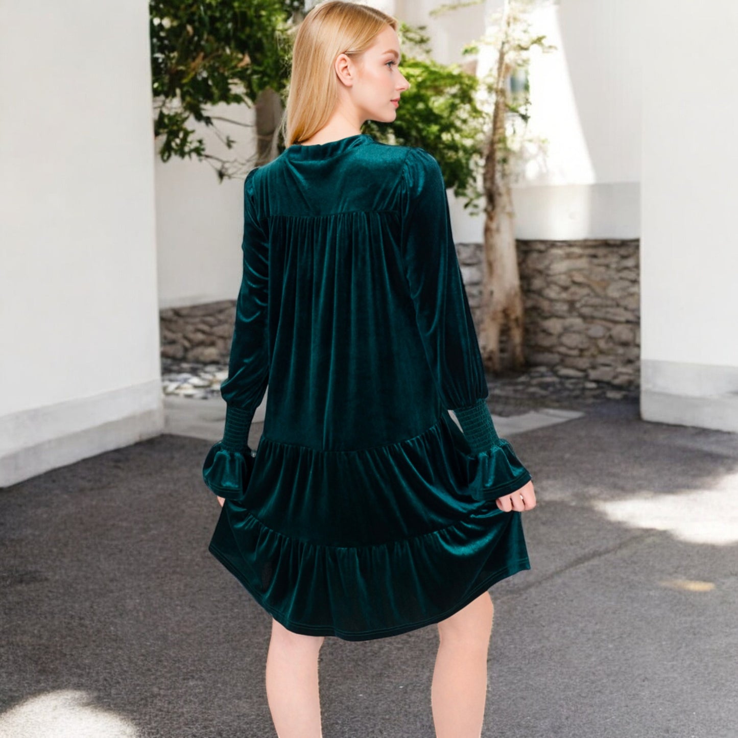 Anna-Kaci Women's Tiered A-Line Dress with Long Sleeves and Smocked Cuffs