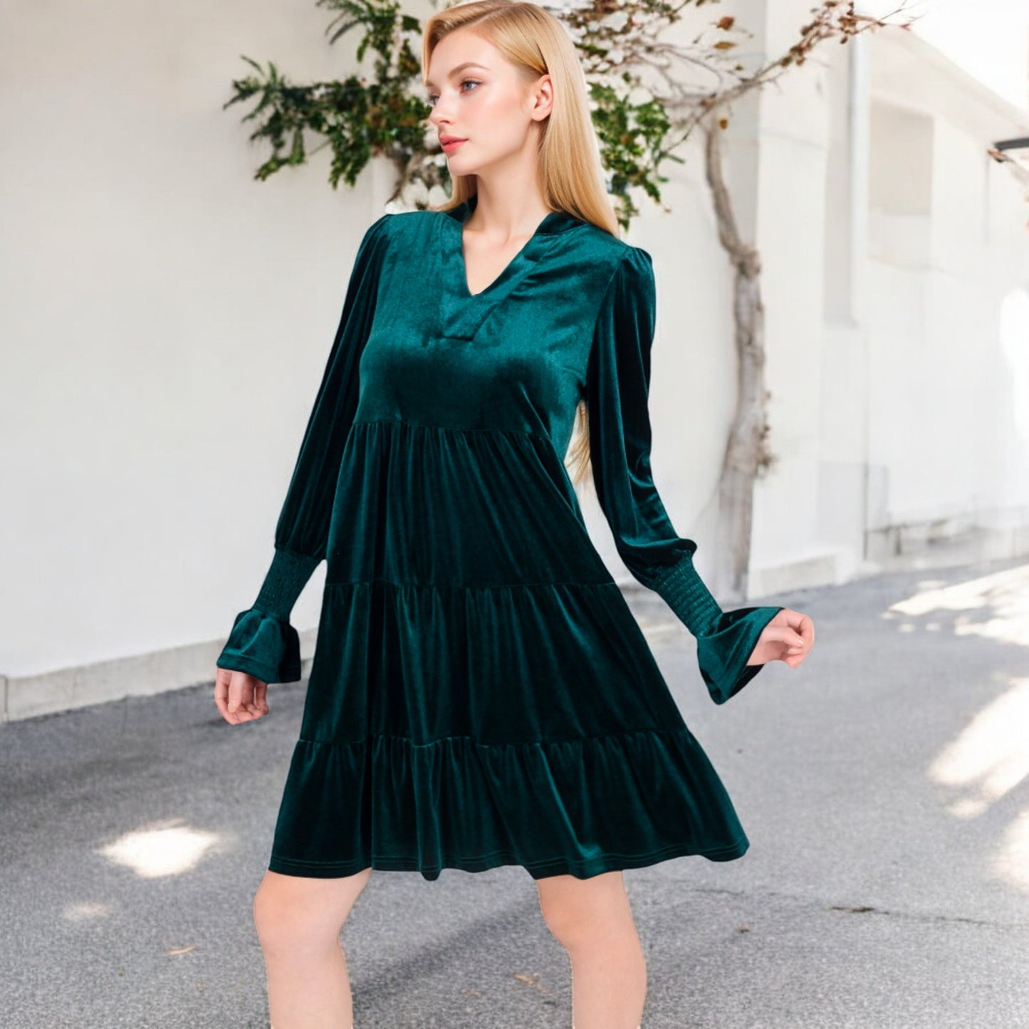 Anna-Kaci Women's Tiered A-Line Dress with Long Sleeves and Smocked Cuffs