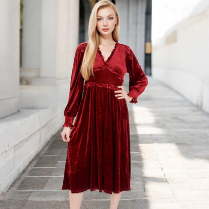 Anna-Kaci Women's Velvet Dress with Smocked Bodice and Ruffled V-Neck
