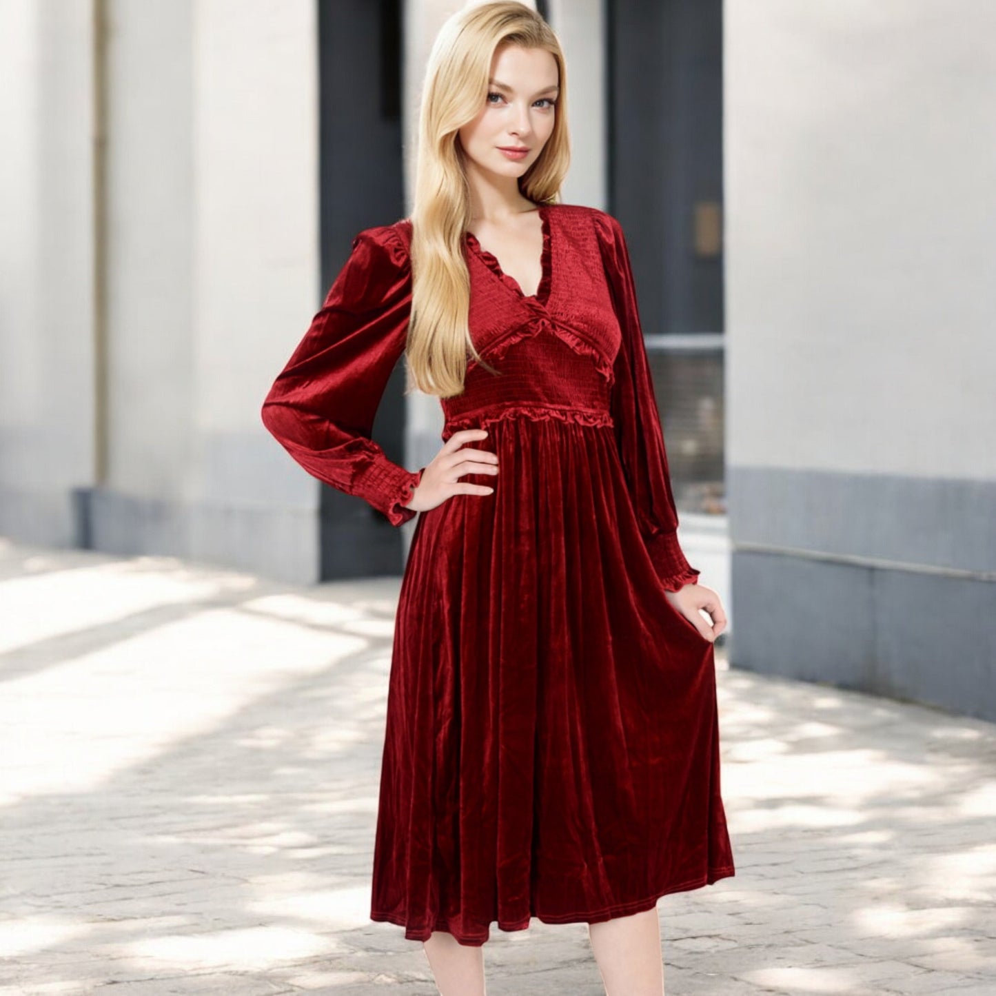 Anna-Kaci Women's Velvet Dress with Smocked Bodice and Ruffled V-Neck