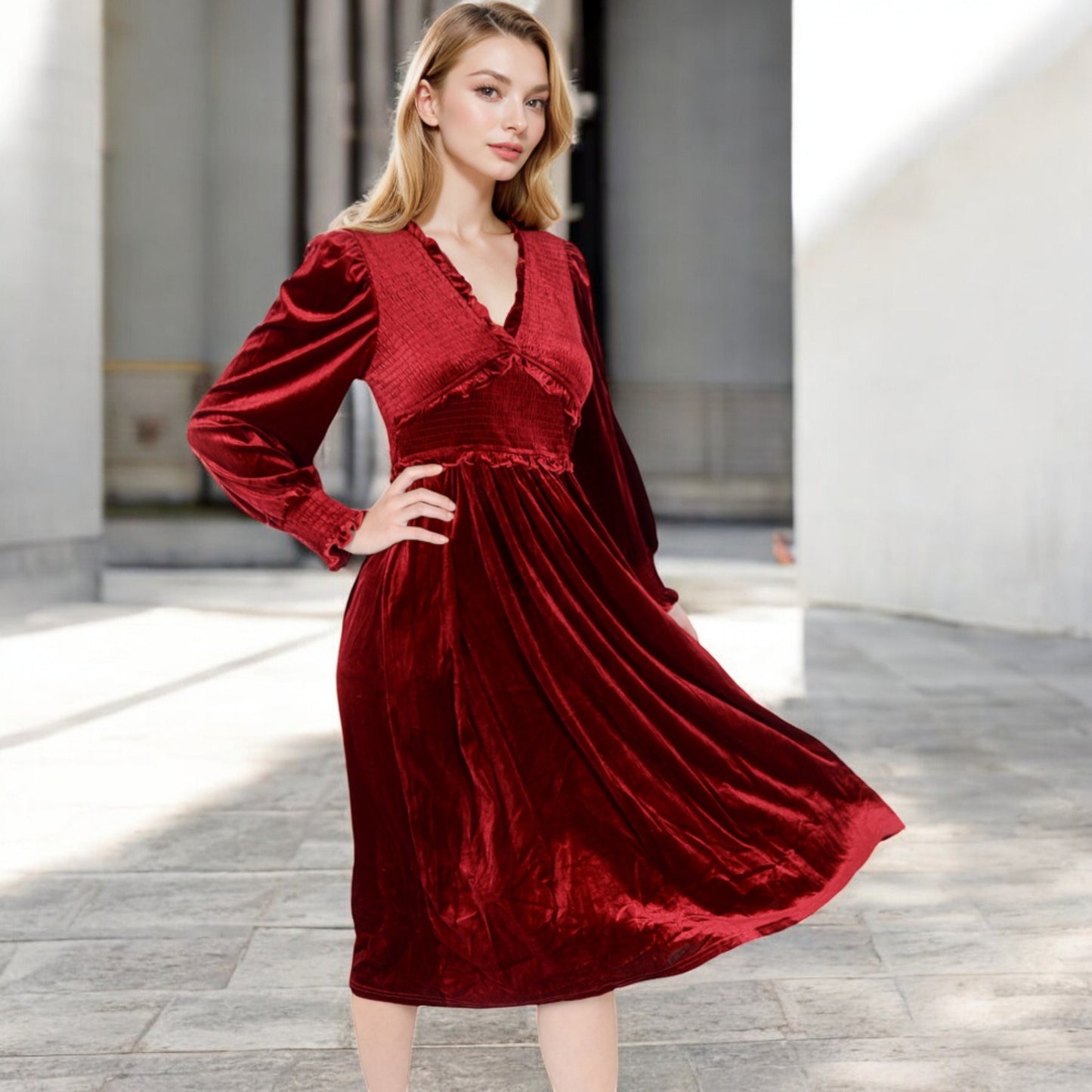 Anna-Kaci Women's Velvet Dress with Smocked Bodice and Ruffled V-Neck