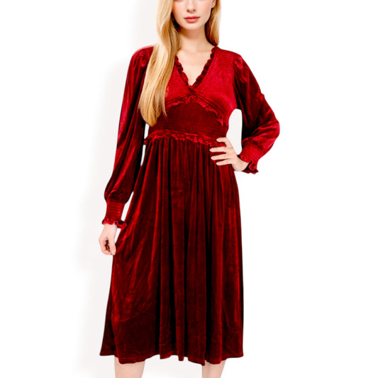 Anna-Kaci Women's Velvet Dress with Smocked Bodice and Ruffled V-Neck