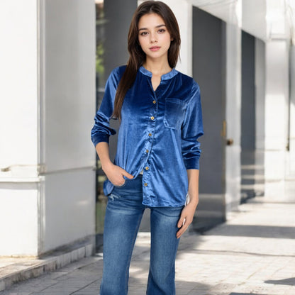 Anna-Kaci Women's Velvet Button-Down Shirt with Chest Pocket