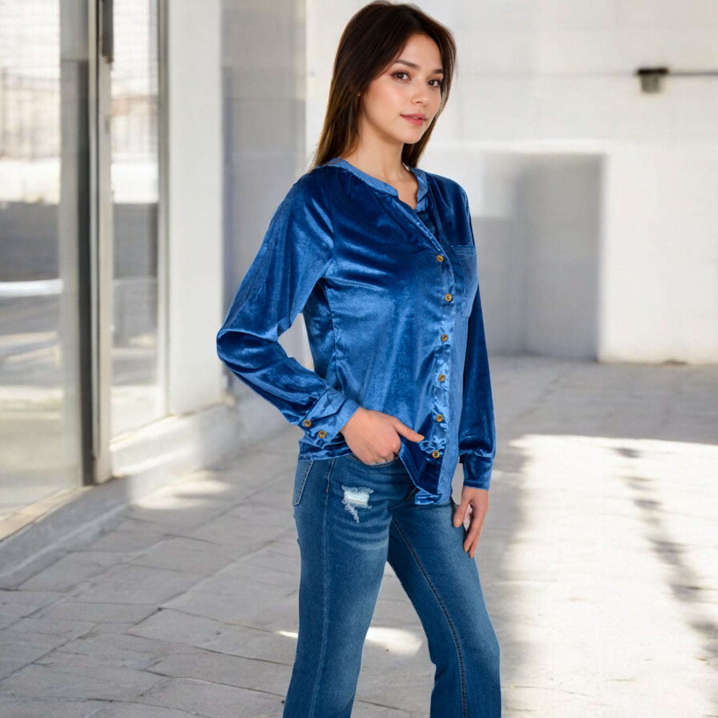 Anna-Kaci Women's Velvet Button-Down Shirt with Chest Pocket
