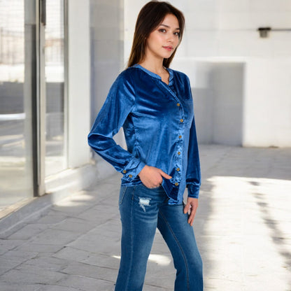 Anna-Kaci Women's Velvet Button-Down Shirt with Chest Pocket